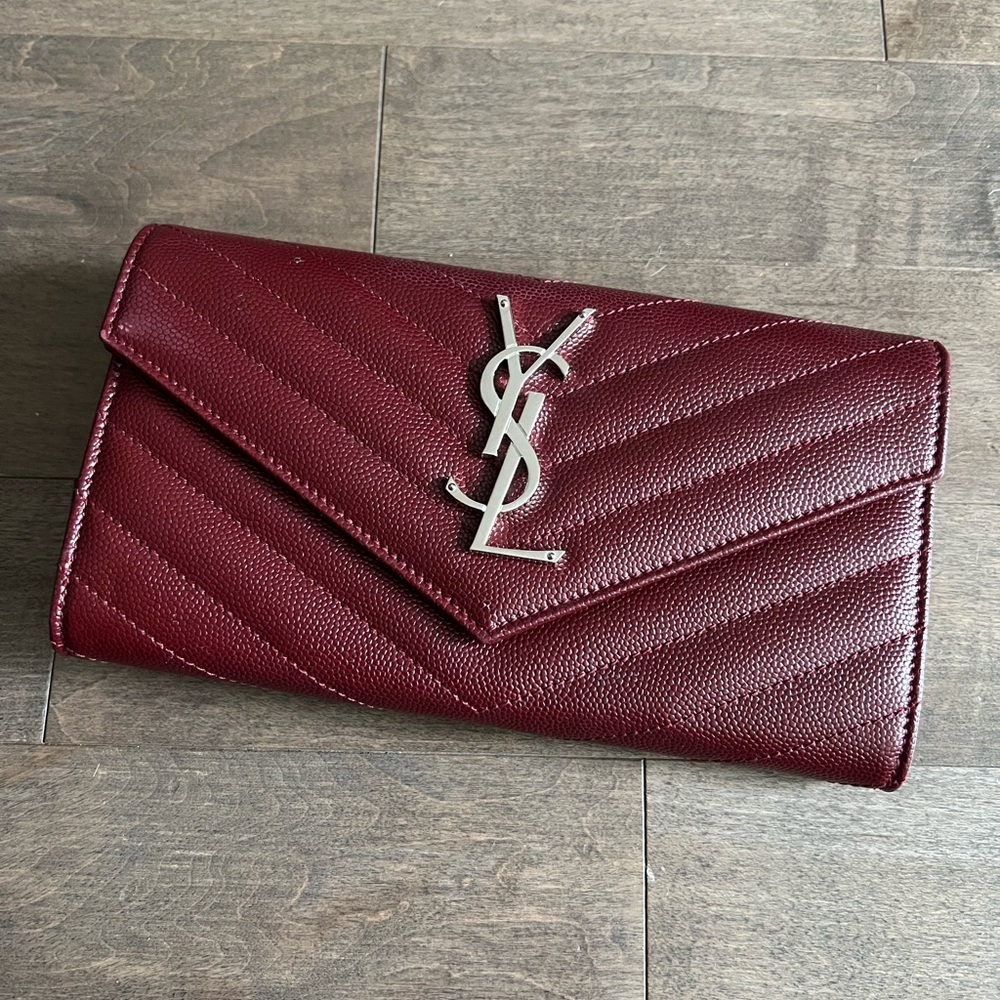 [NEW] Saint Laurent Red YSL Quilted Leather Continental Wallet, Silver Logo